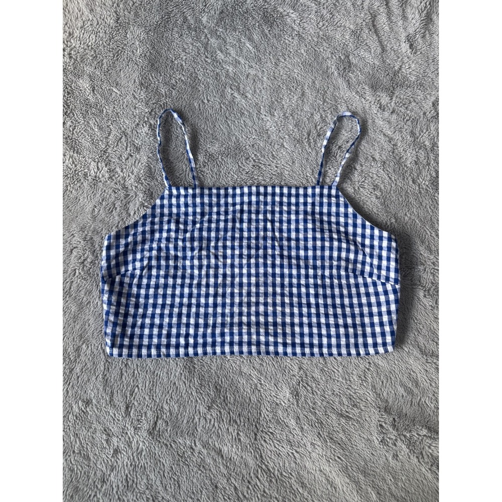 River Island Studios Blue Gingham Smocked Crop Top Adjustable Straps Size 12